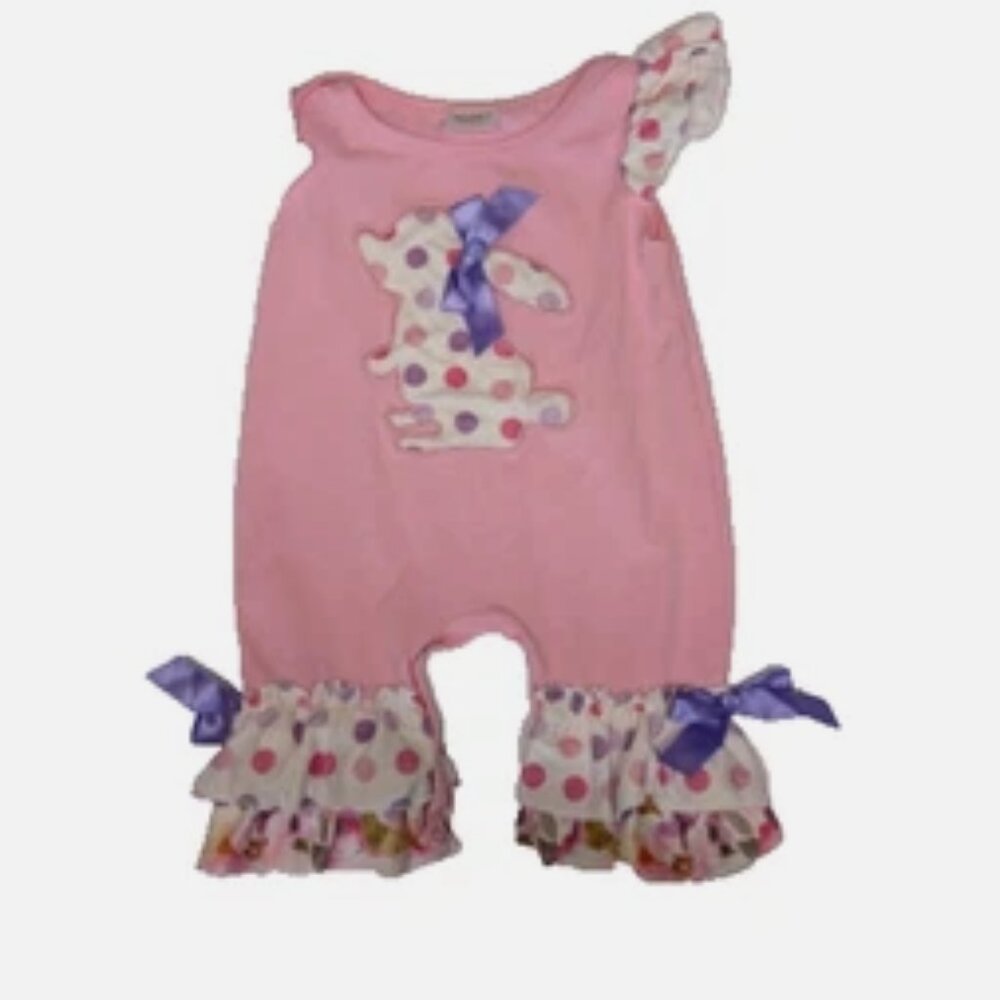 Girl's Easter Bunny Boutique Romper with bows & polka dots sz 3-6 months